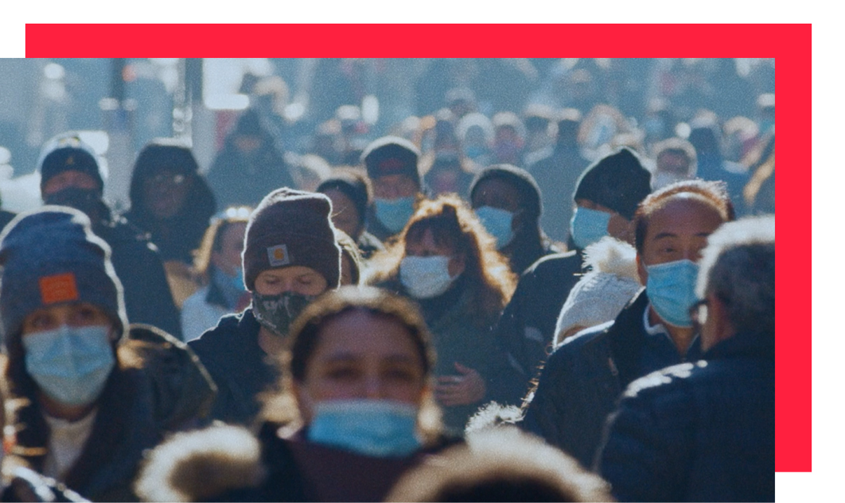 Crowd in COVID-19 wearing masks