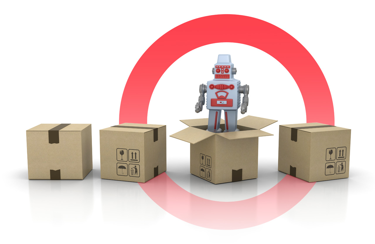 Four shipping boxes, one containing a robot toy