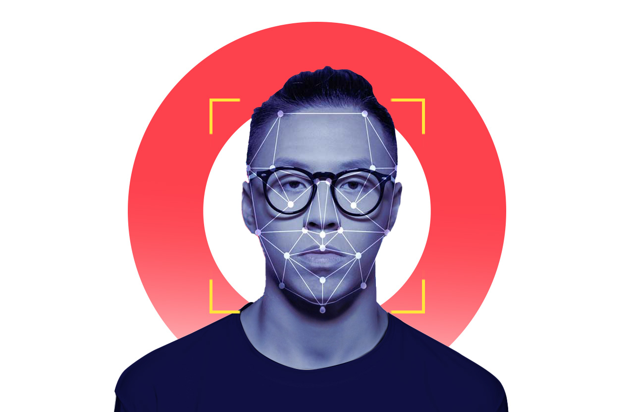 Portrait of man with glasses in front of colorful abstract background