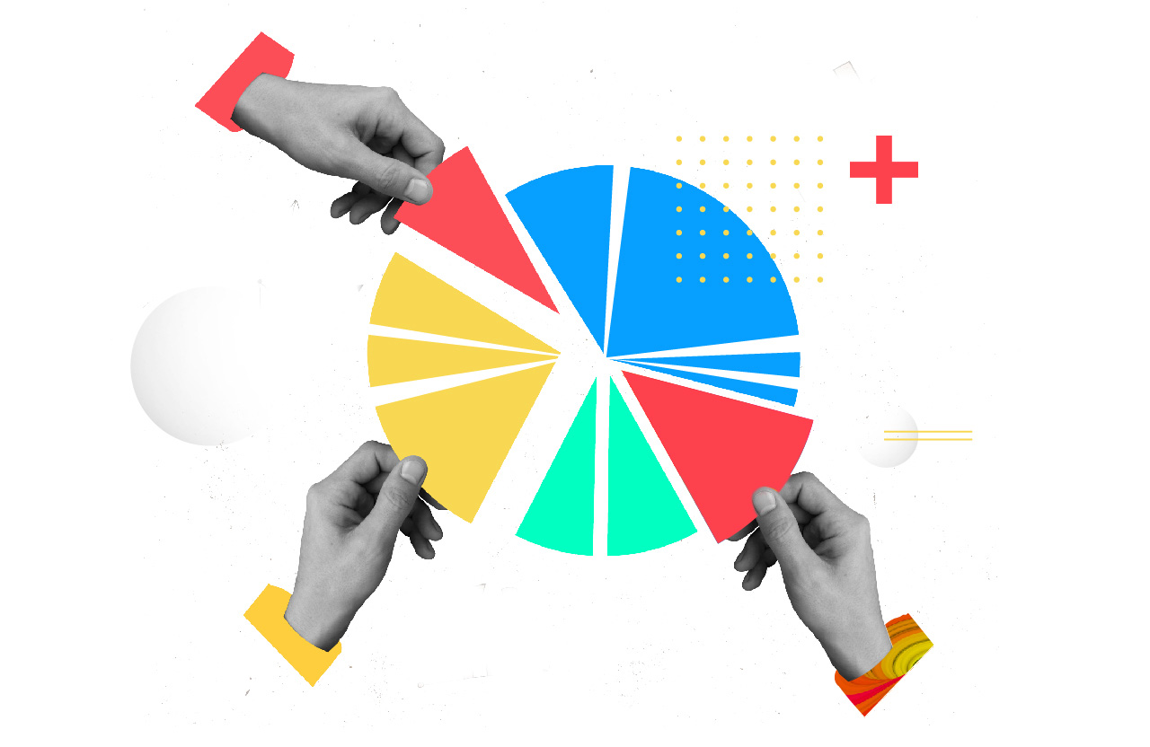 Various hands removing slices of a pie chart