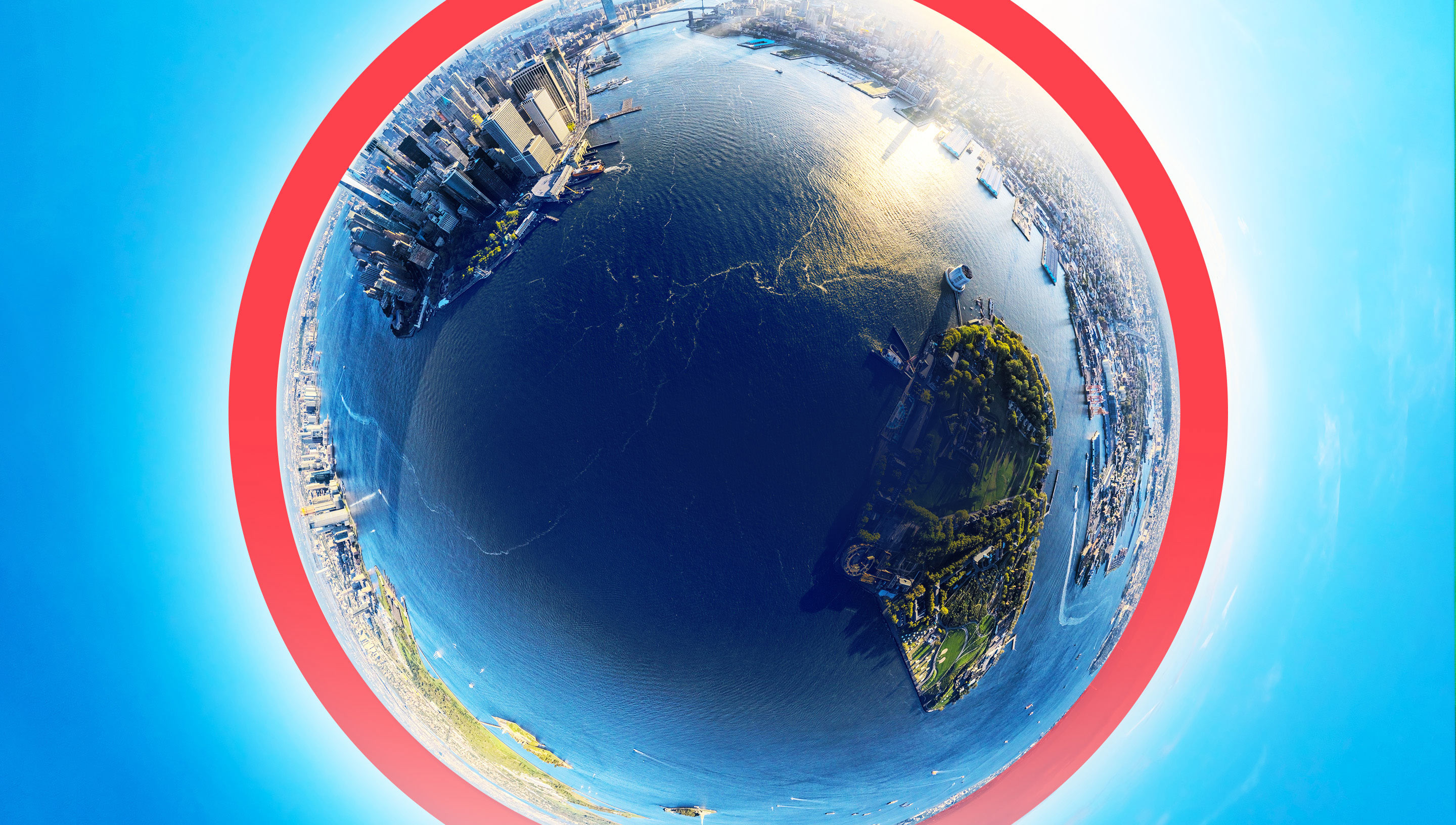 Panorama of a city at sunrise in a spherical globe shape framed by our red aperture
