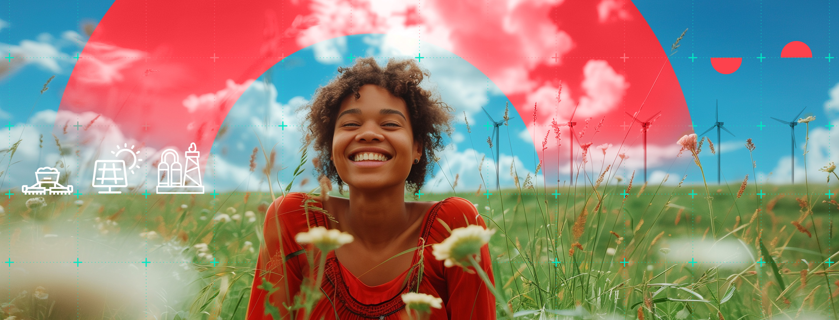 A young woman surrounded by luscious nature and wind turbines smiles at the camera.