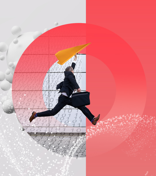 A man in a suit holds a briefcase in one hand and a paper plane in another jumps forwards.