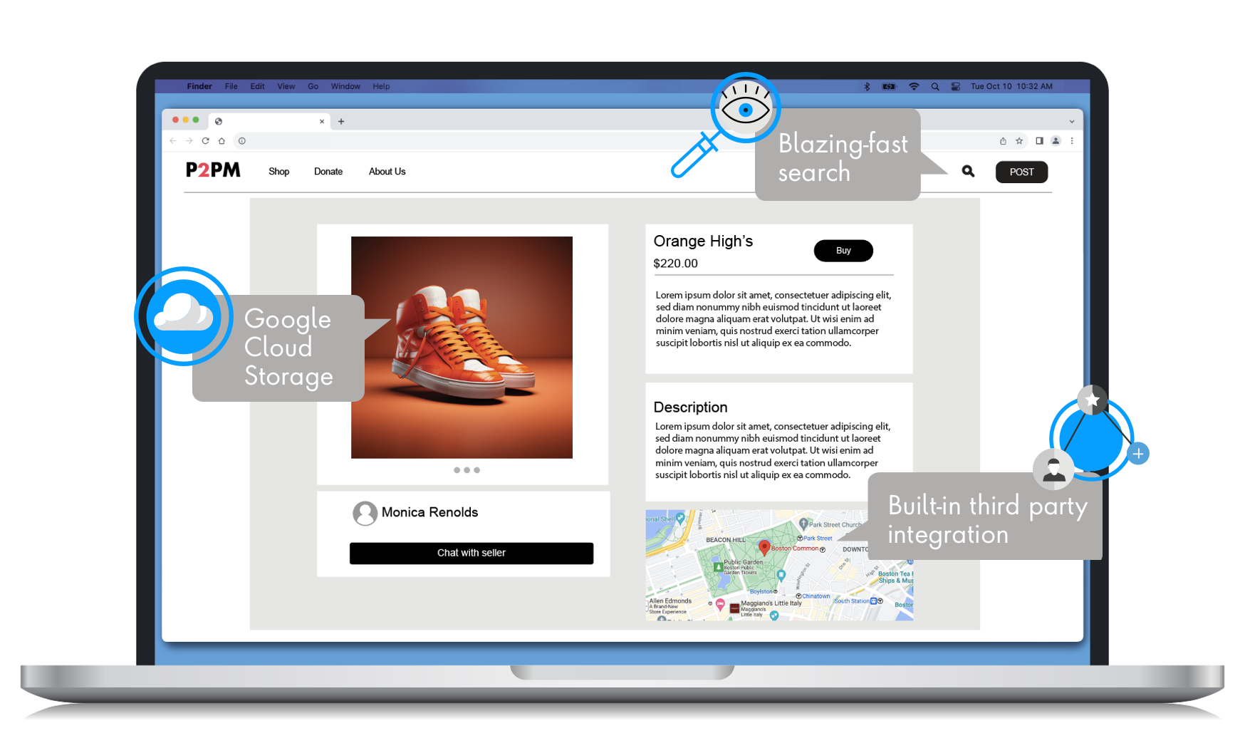 Example of a product detail page with search, map and more.