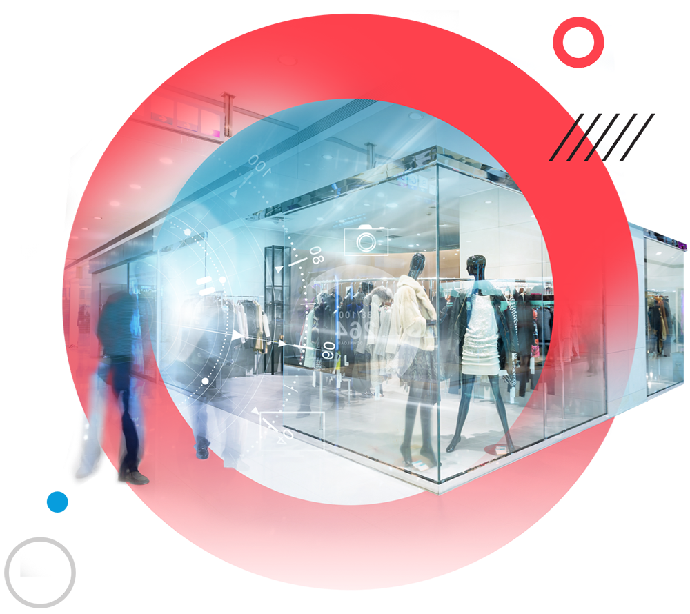 Mannequins behind a glass window, styled with futuristic clothing and technology elements, symbolizing the future of retail and shopping experiences.