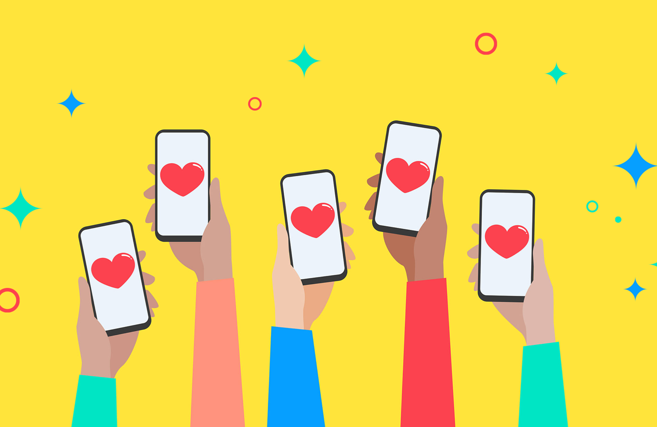happy hands holding cell phones