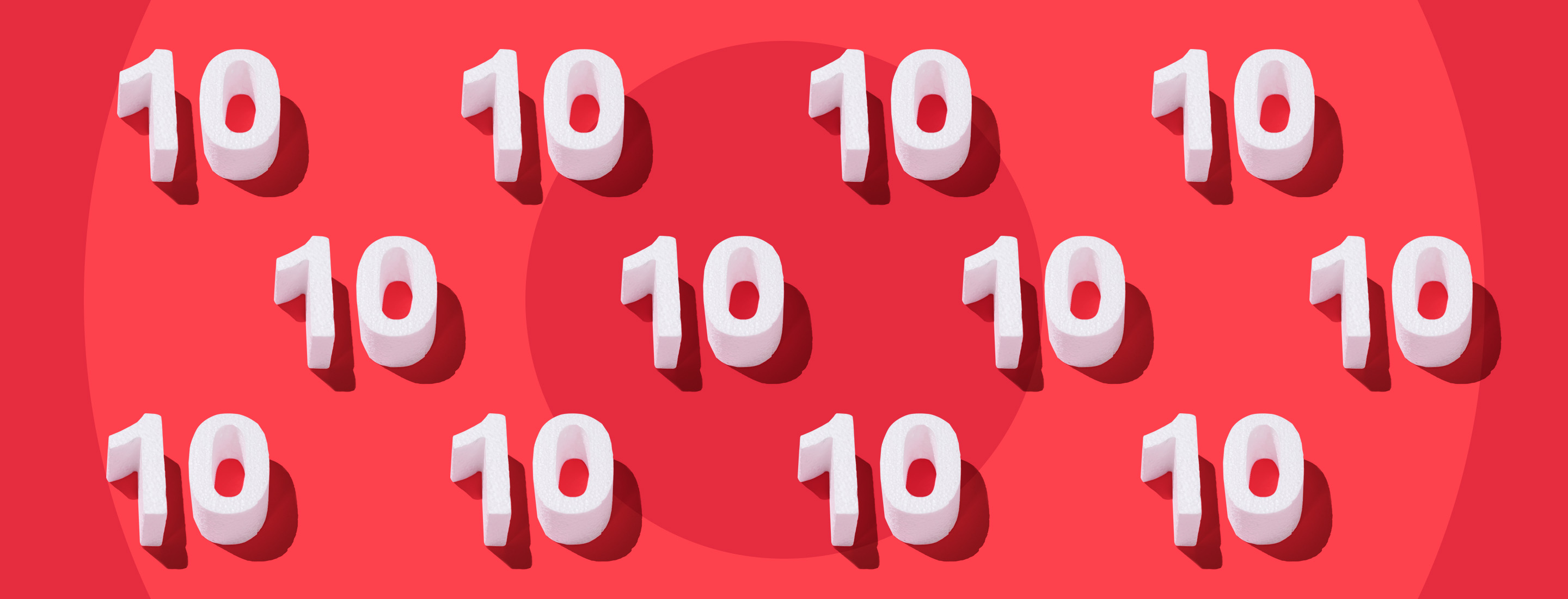 The number 10 repeated on a red background