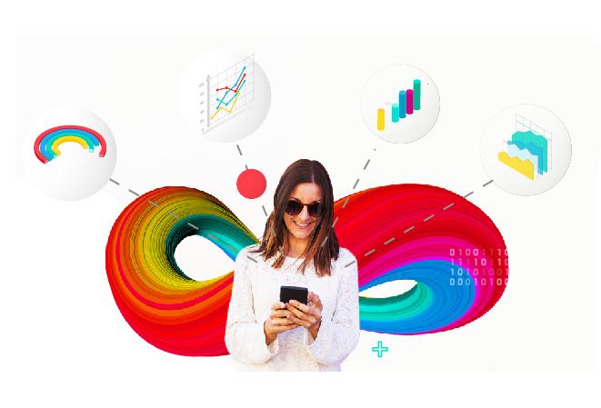 Charts, graphs and data being generated by woman using her smart phone