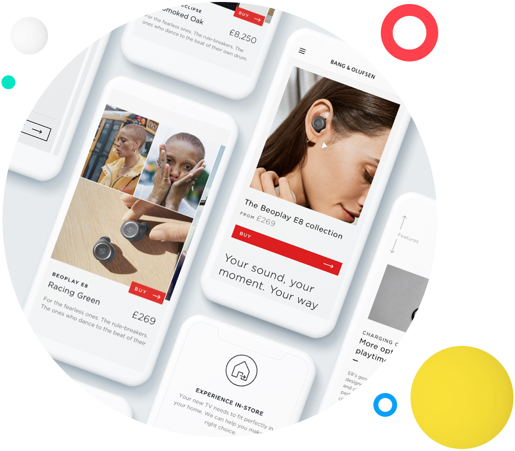 Image showing Bang & Olufsen audio products displayed across multiple devices.
