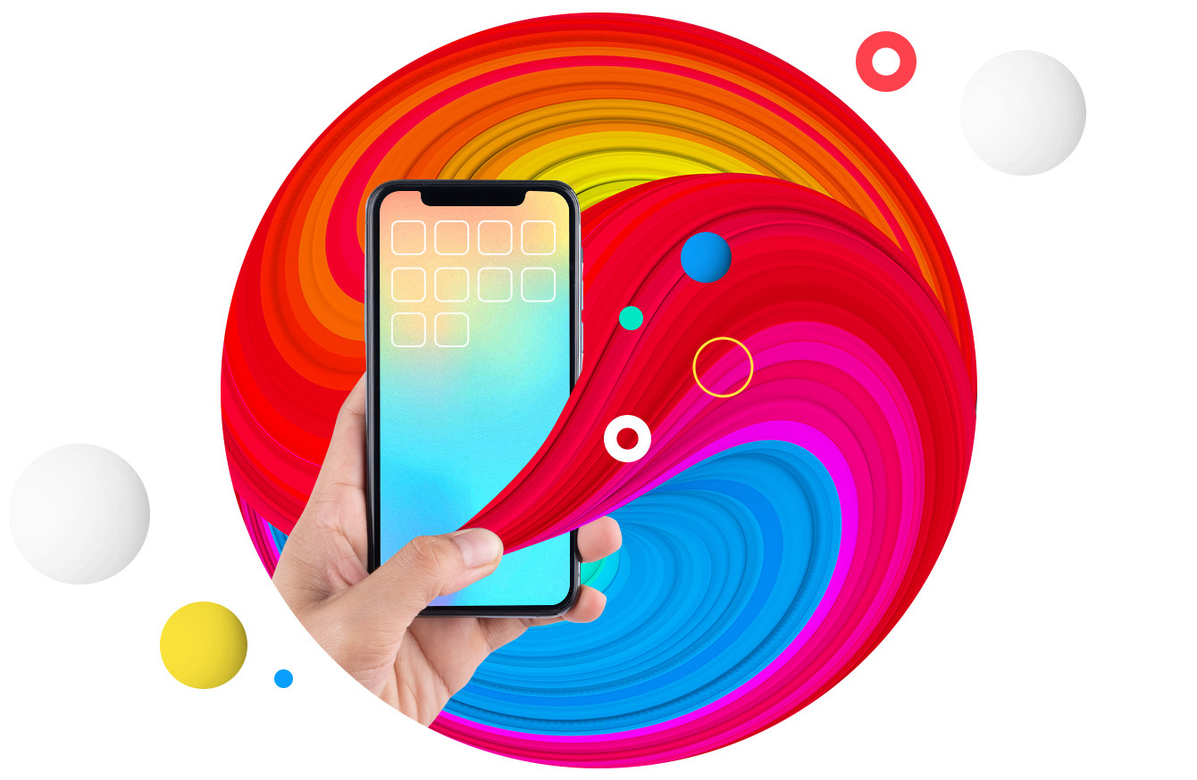 Image of Hand holding a mobile device over a brightly colored background.