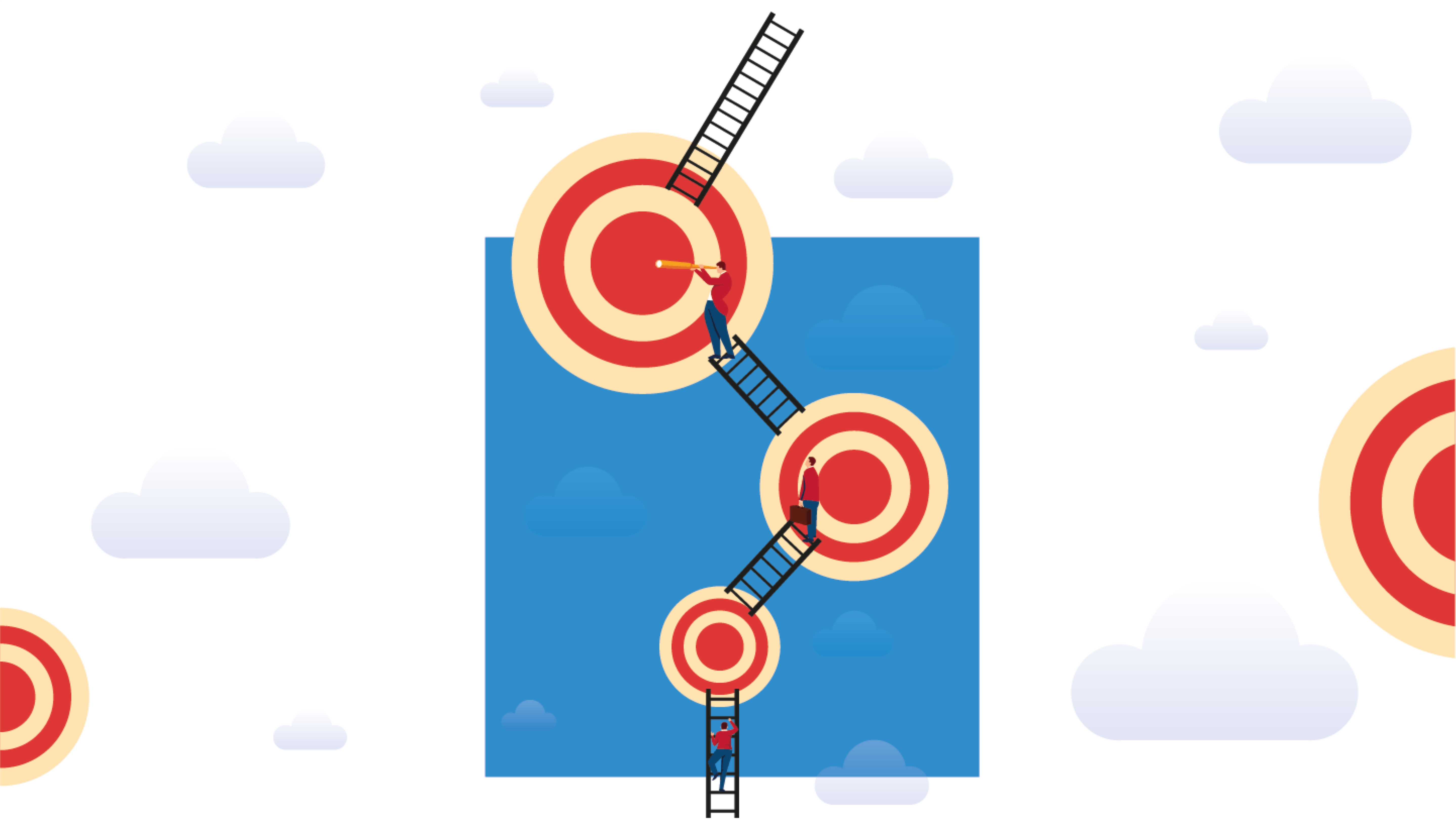 Three circular red and white targets connected by ladders. Business people are climbing the ladders.