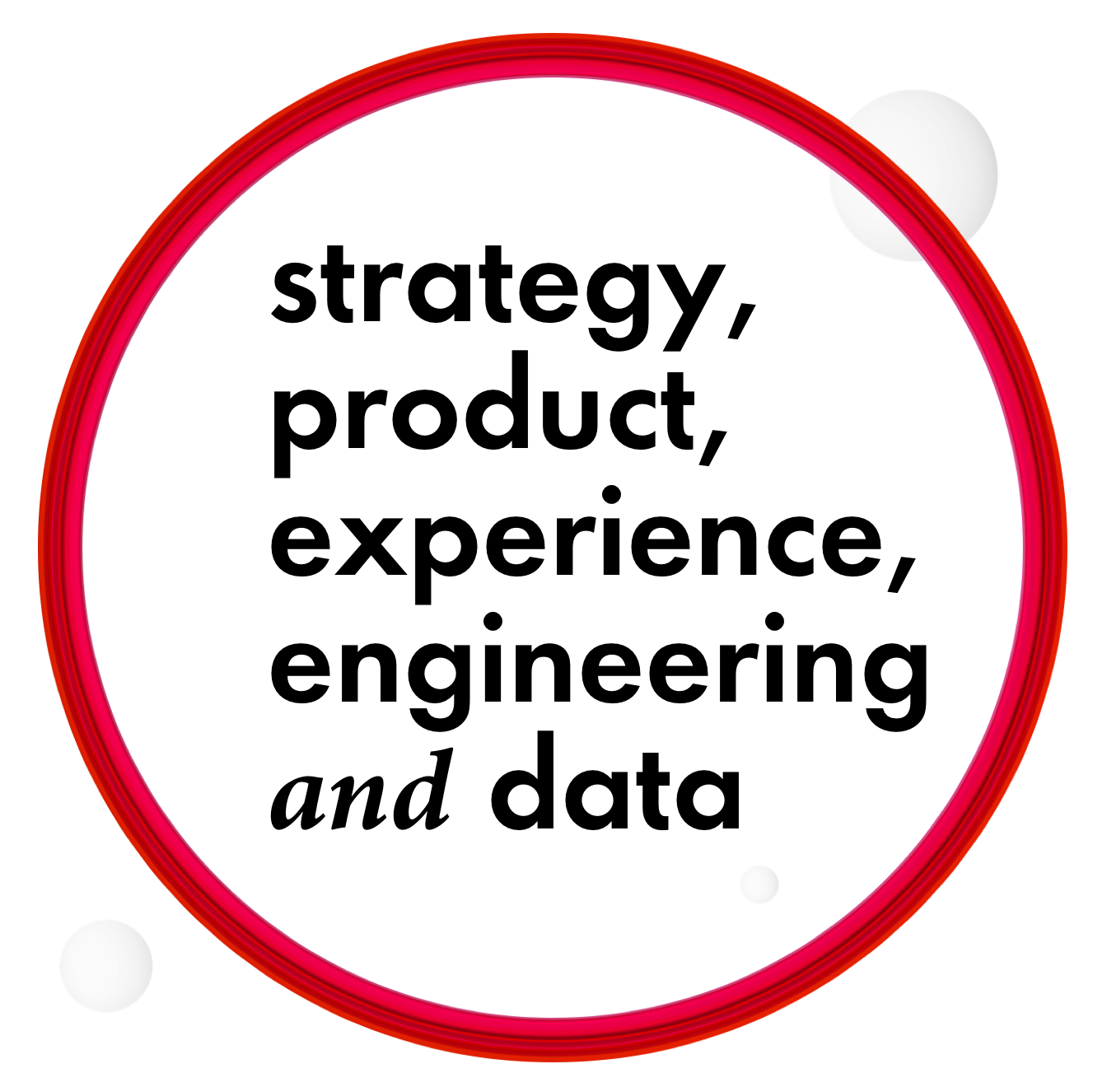 Graphic displays words: strategy, product, experience, engineering and data. 