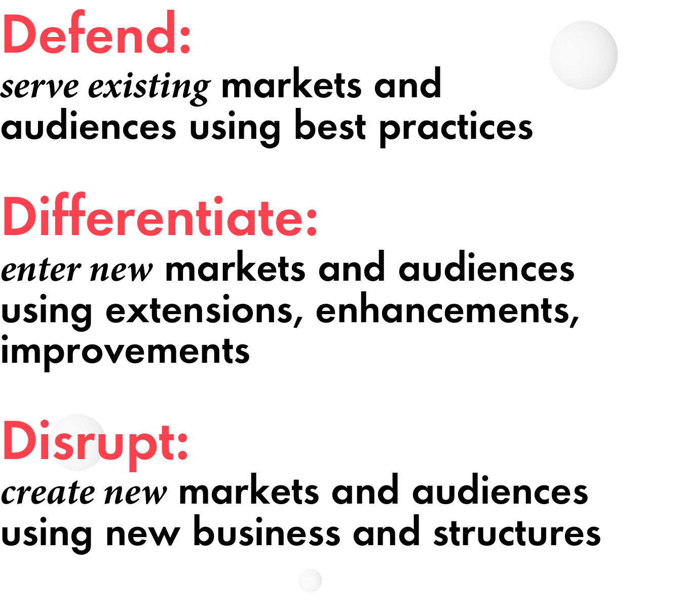 Graphic displays 3 bullet points: 1) Defend: serve existing markets and audiences using best practices 2) Differentiate: enter new markets and audiences using extensions, enhancements, improvements 3) Disrupt: create new markets and audiences using new business and structures
