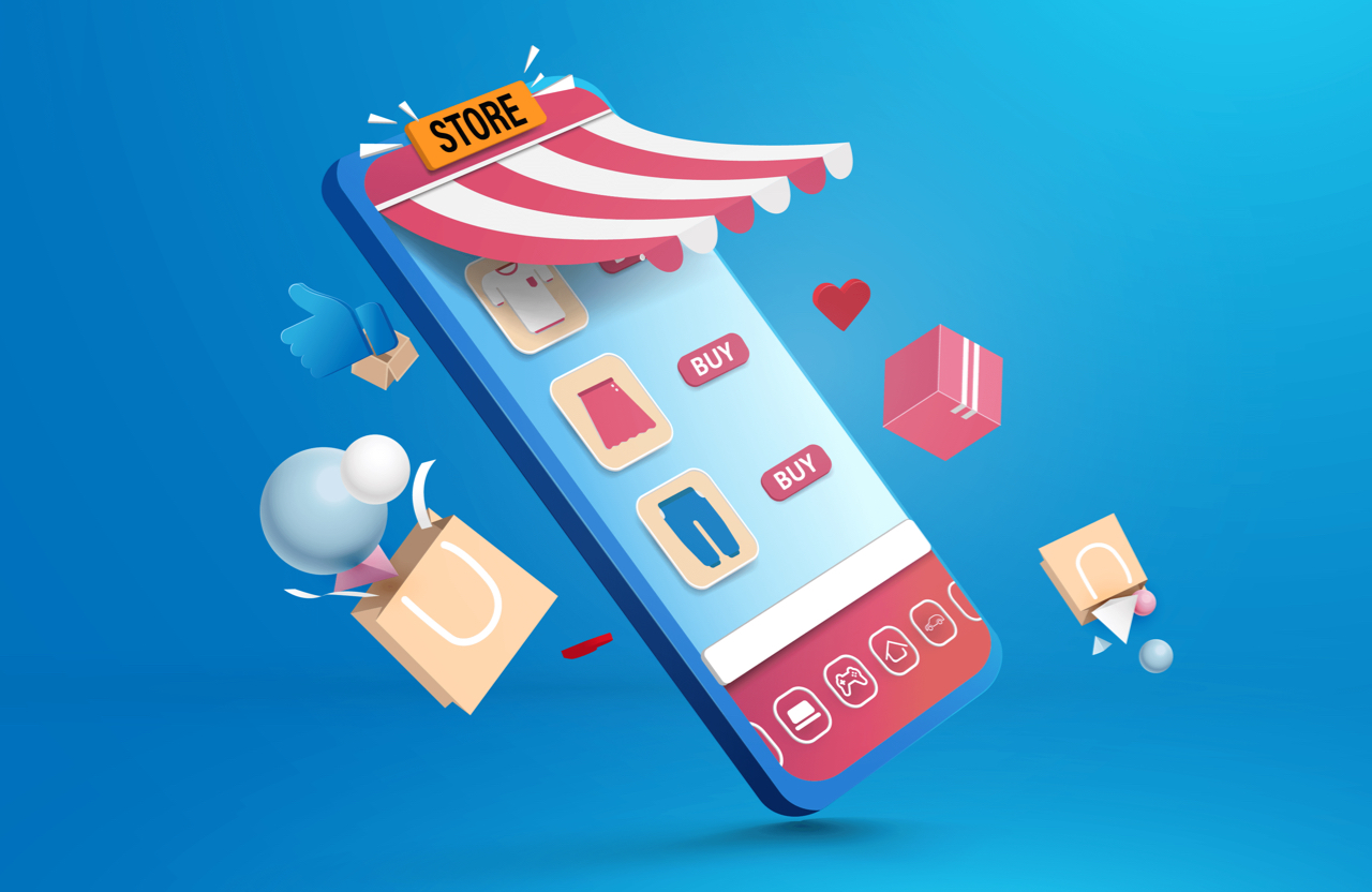 Drawing of a mobile phone semi transformed into a store with an awning and shopping bags