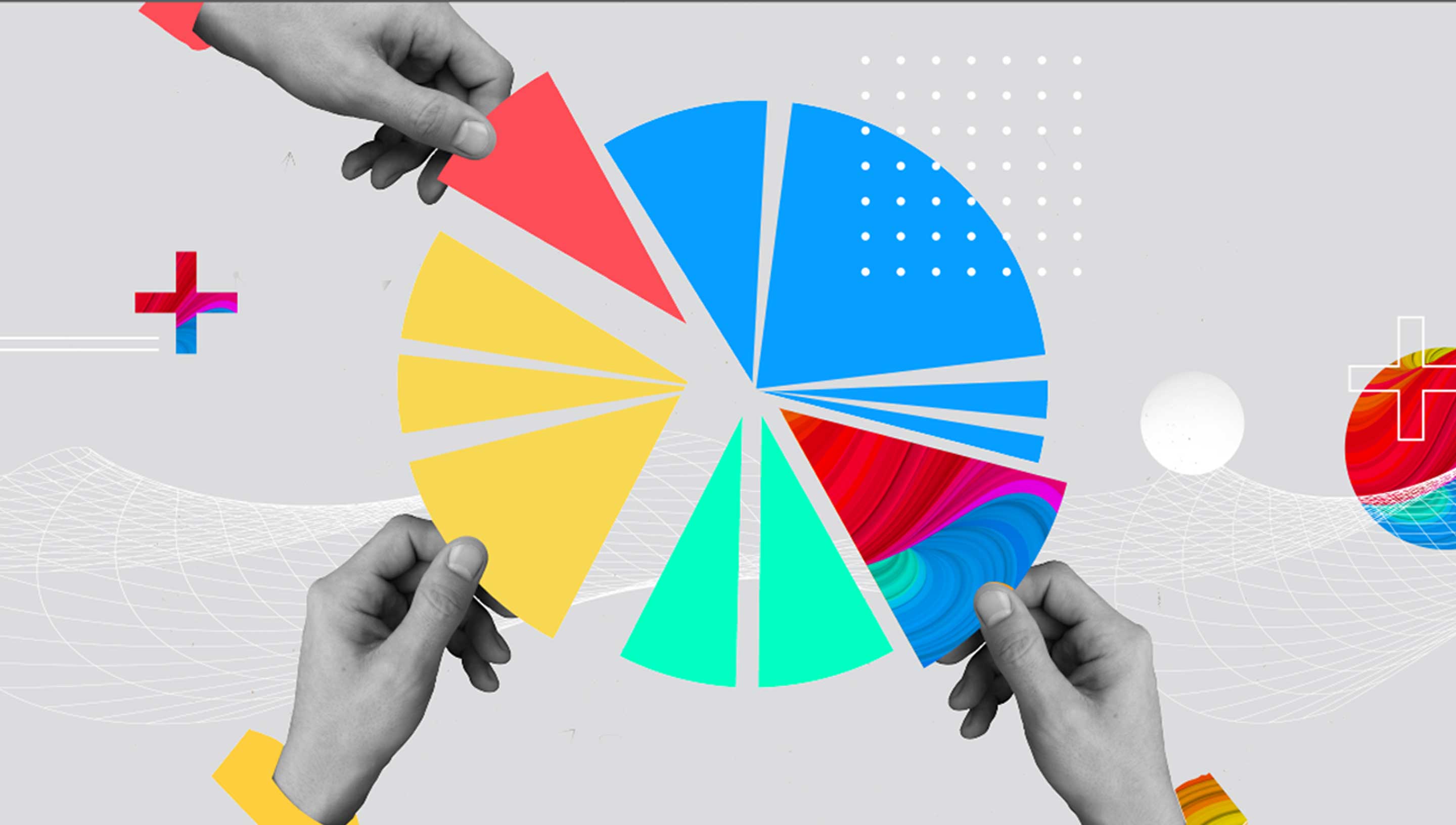 Various hands removing slices of a pie chart