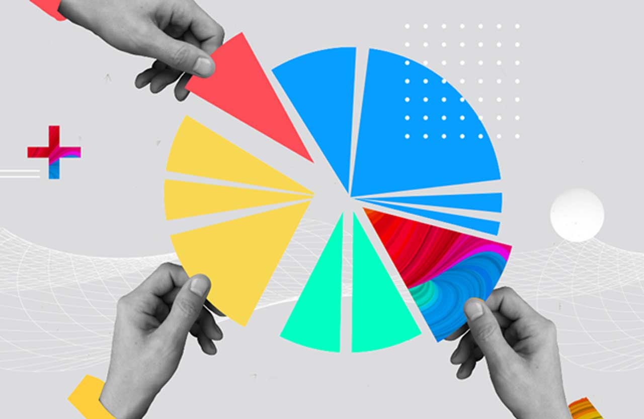 Various hands removing slices of a pie chart
