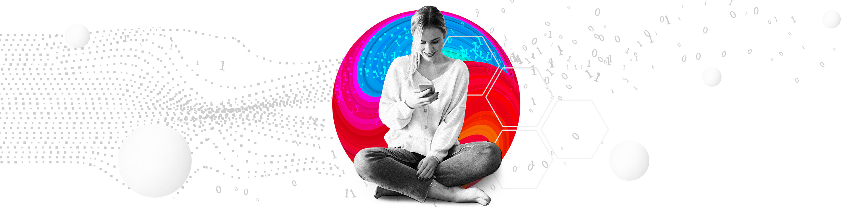 Woman sitting down looking at phone with an abstract representation of data.