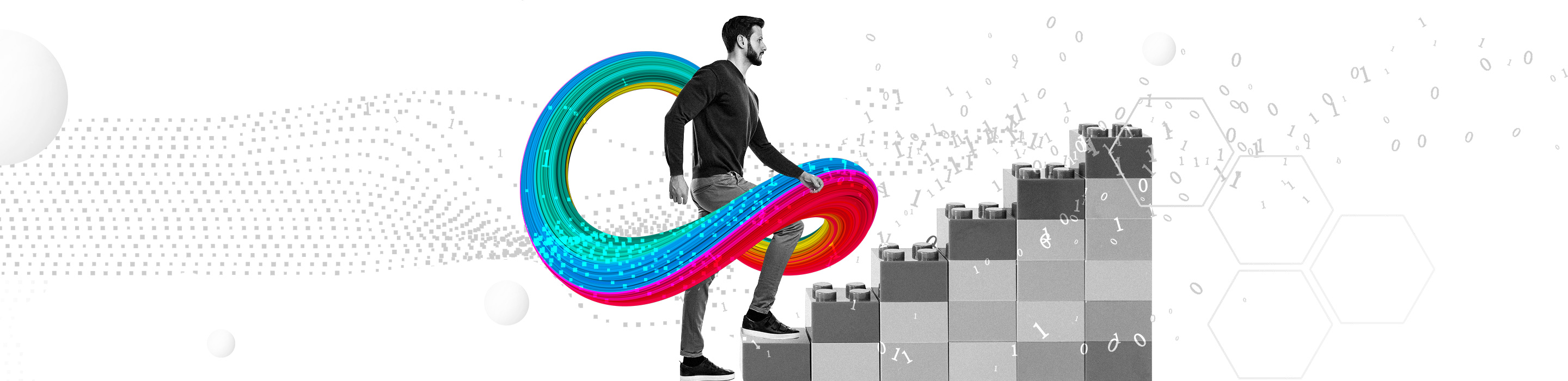 Man walking up toy blocks with an abstract representation of data.