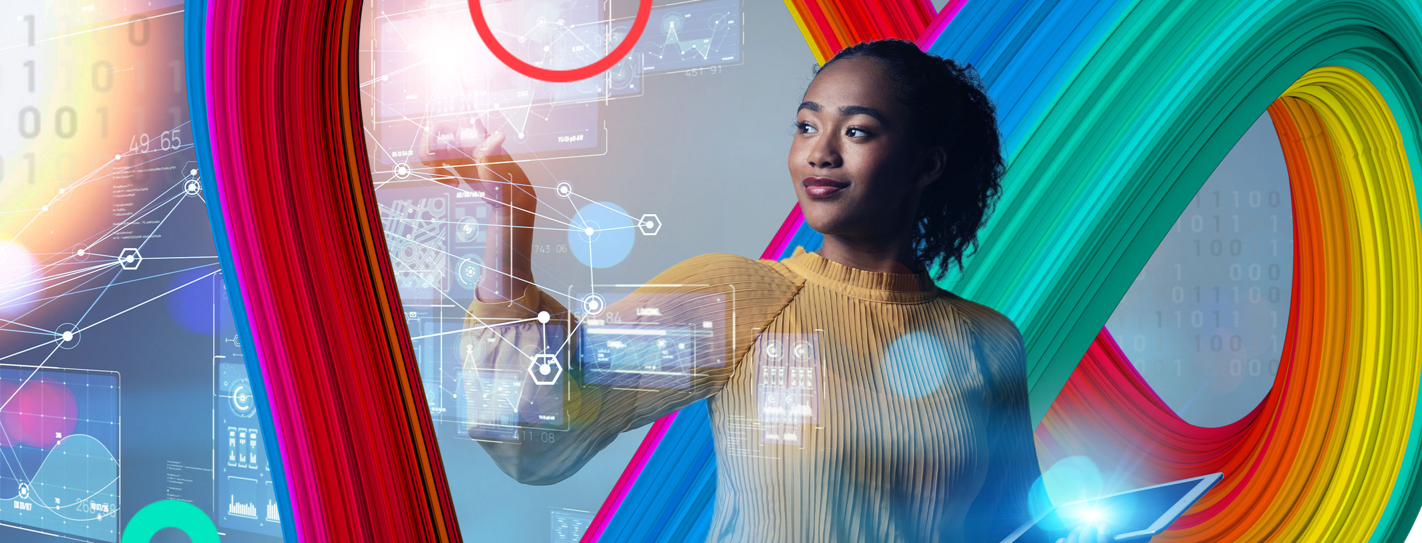 Woman interacting with an abstract dashboard surrounded by a moving organic form