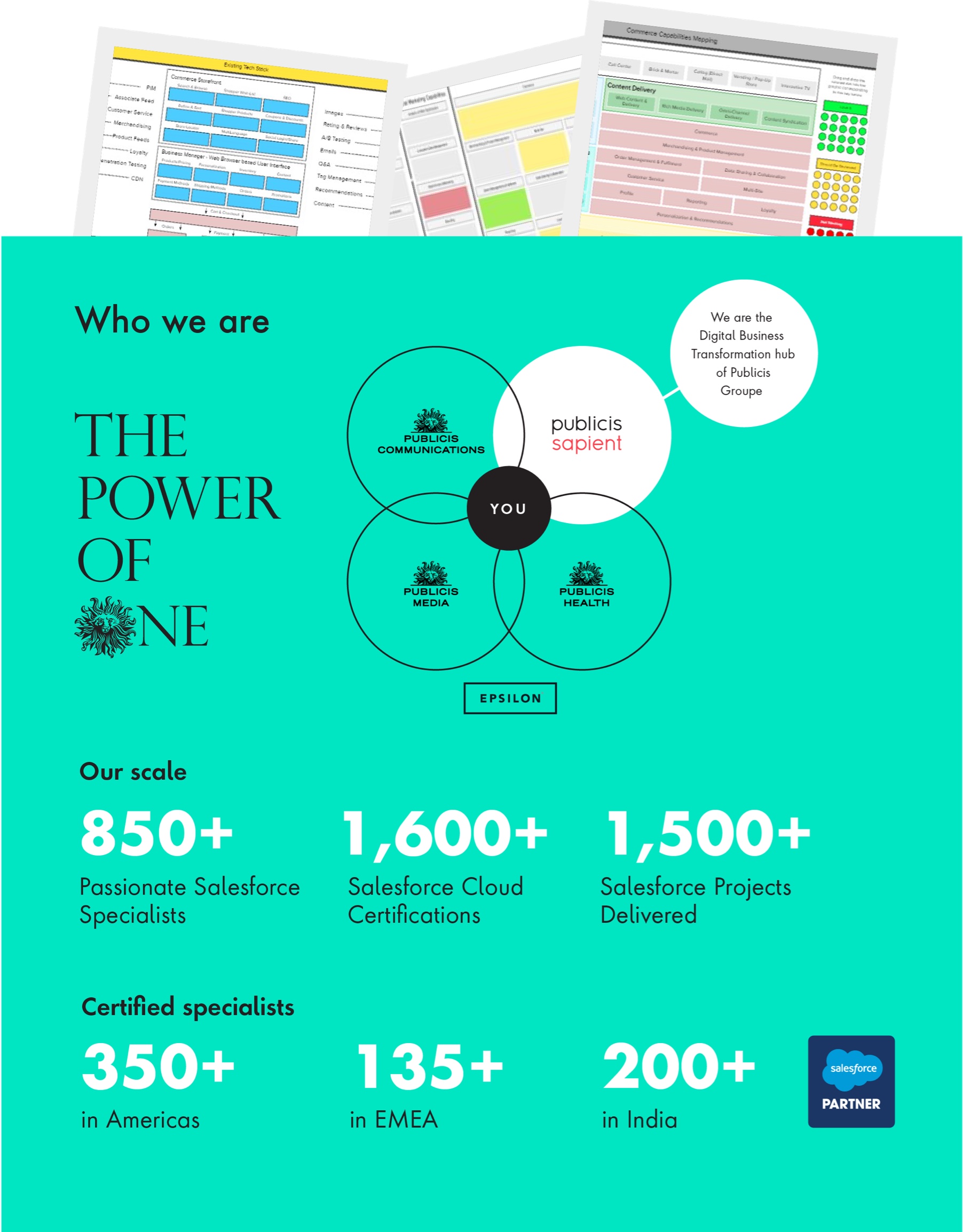 Our clients benefit from the Power of One, where Publicis Sapient intersects with other Publicis agencies, with Epsilon data underpinning it all. Publicis Sapient is proud to have more than 700 Salesforce specialists worldwide.