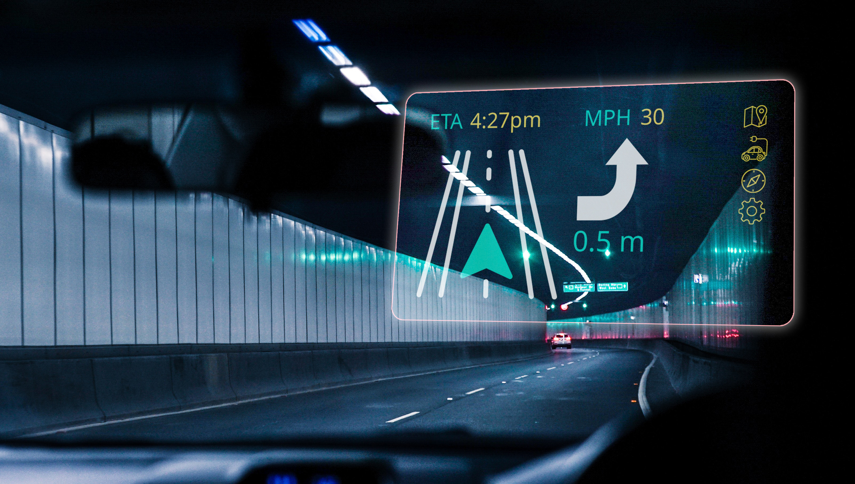View from Driver’s seat, driving in a tunnel, with a personalized dashboard projected on the windshield.