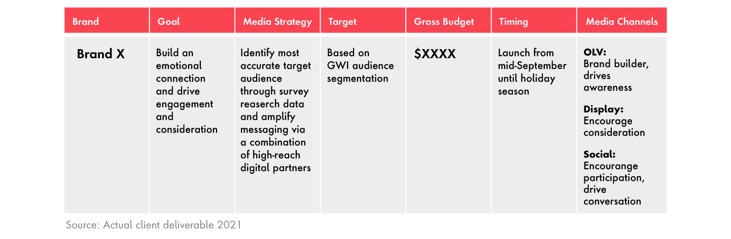 Chart of Brand X's overall goal, along with media strategy, target, budget, timing and channels