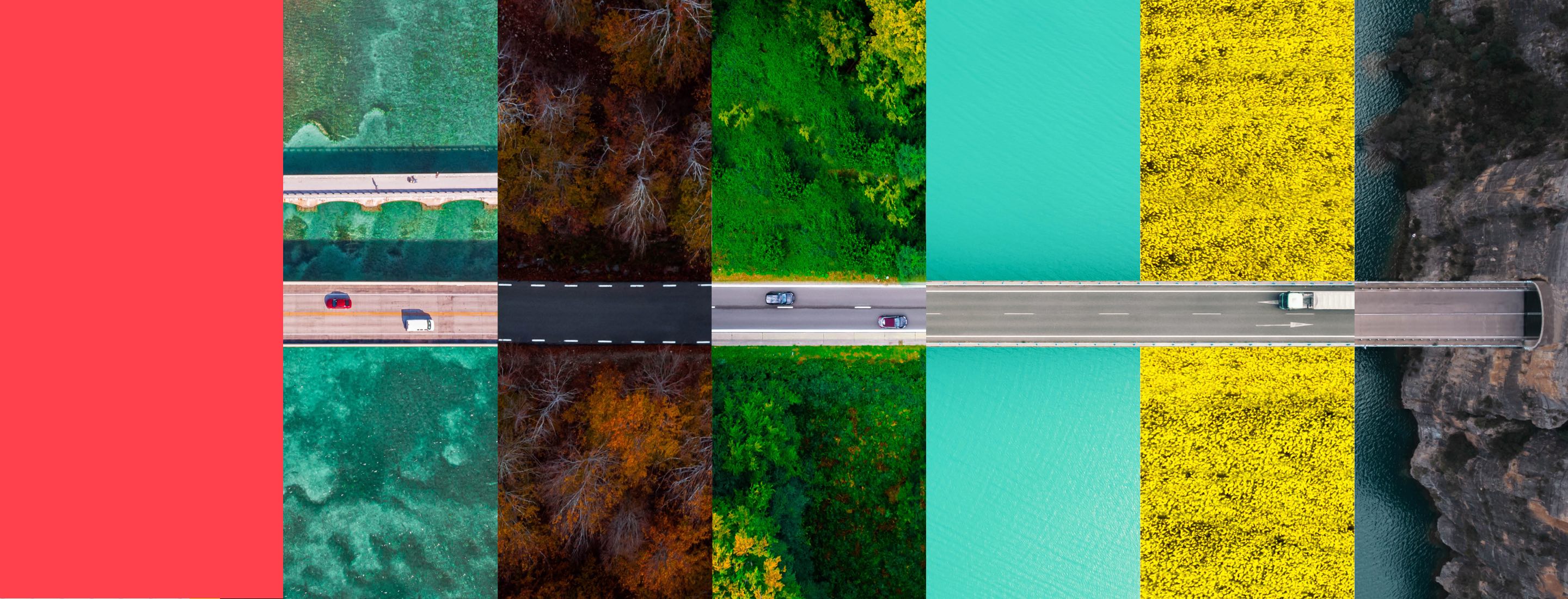 vehicles on road linking different environments