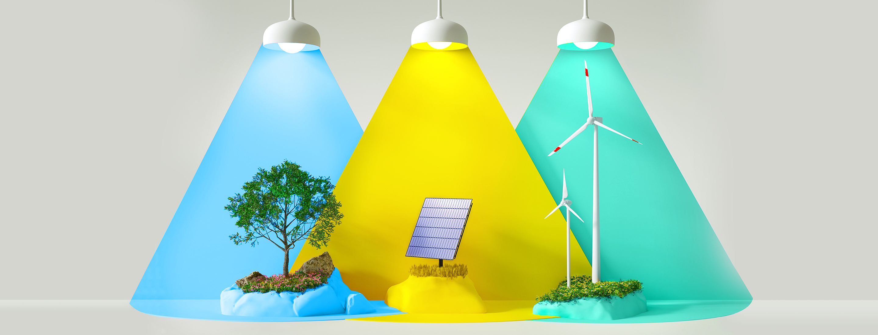 three hanging lights shining on tree, solar panel, and wind turbine