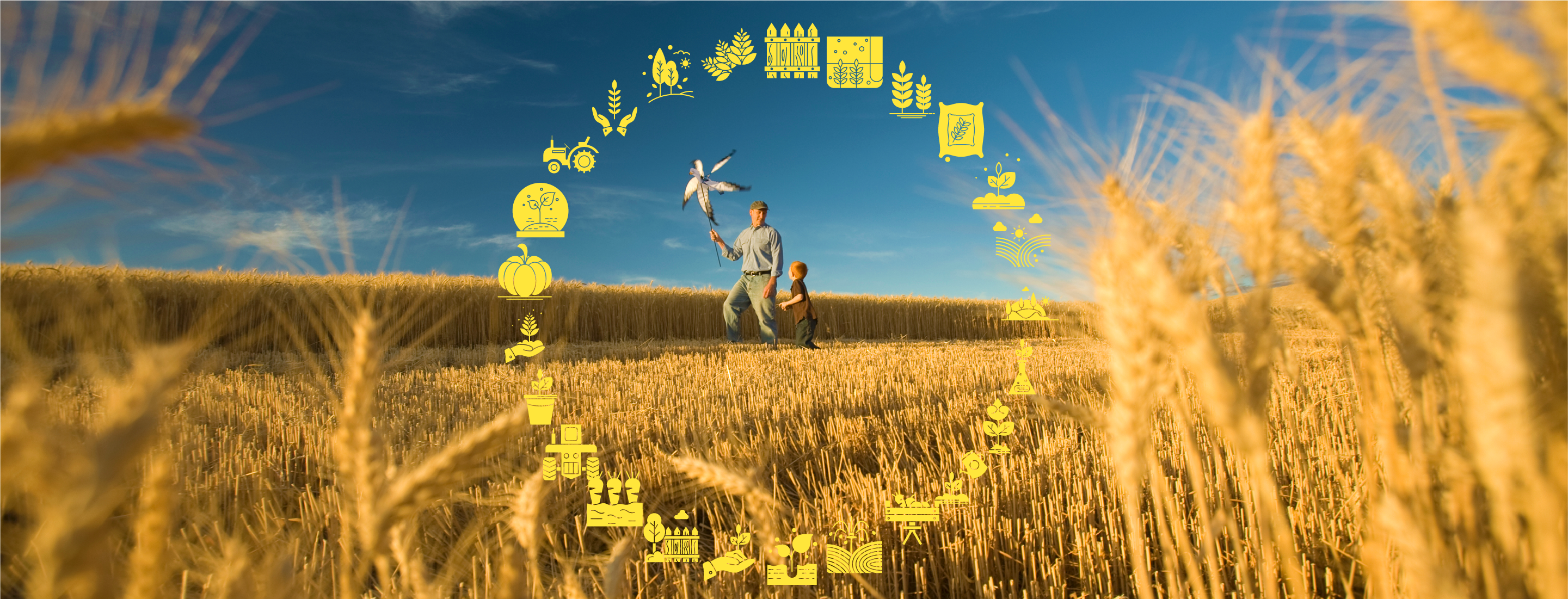 Child and man holding pinwheel walk among crop rows encircled by app icons