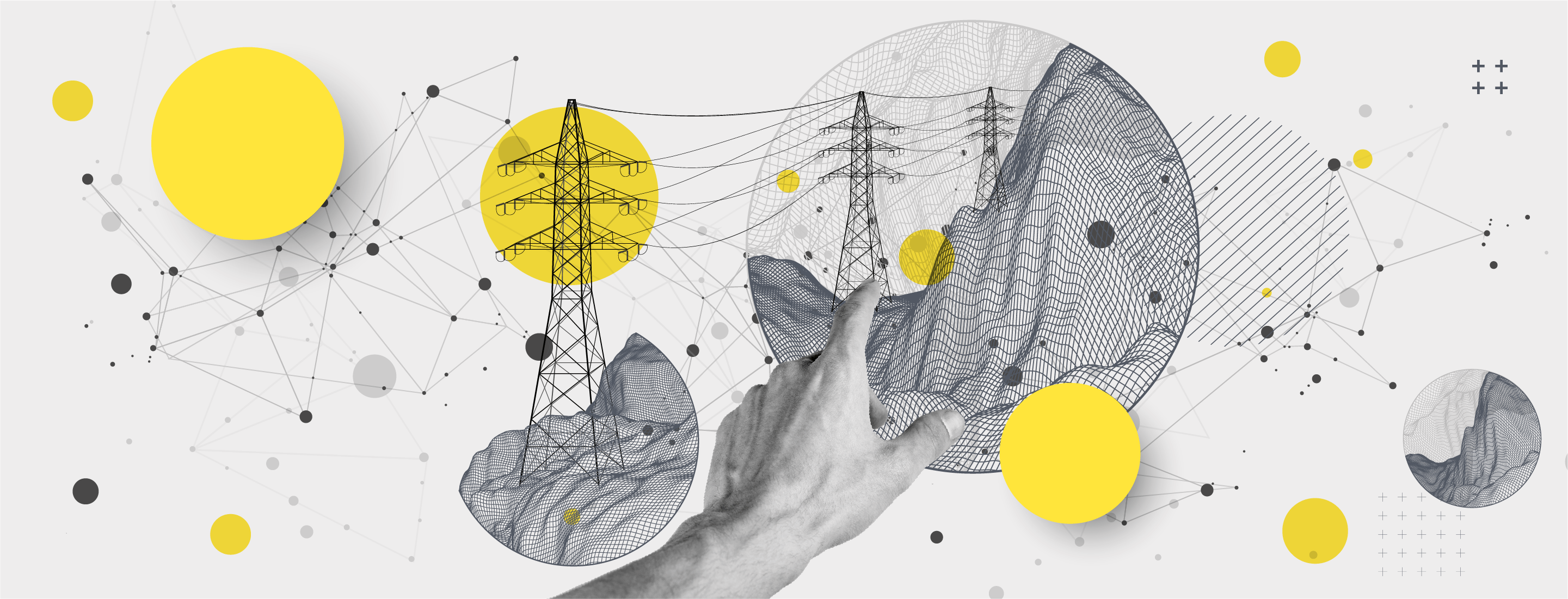 hand interacting with composite of transmission towers and network points