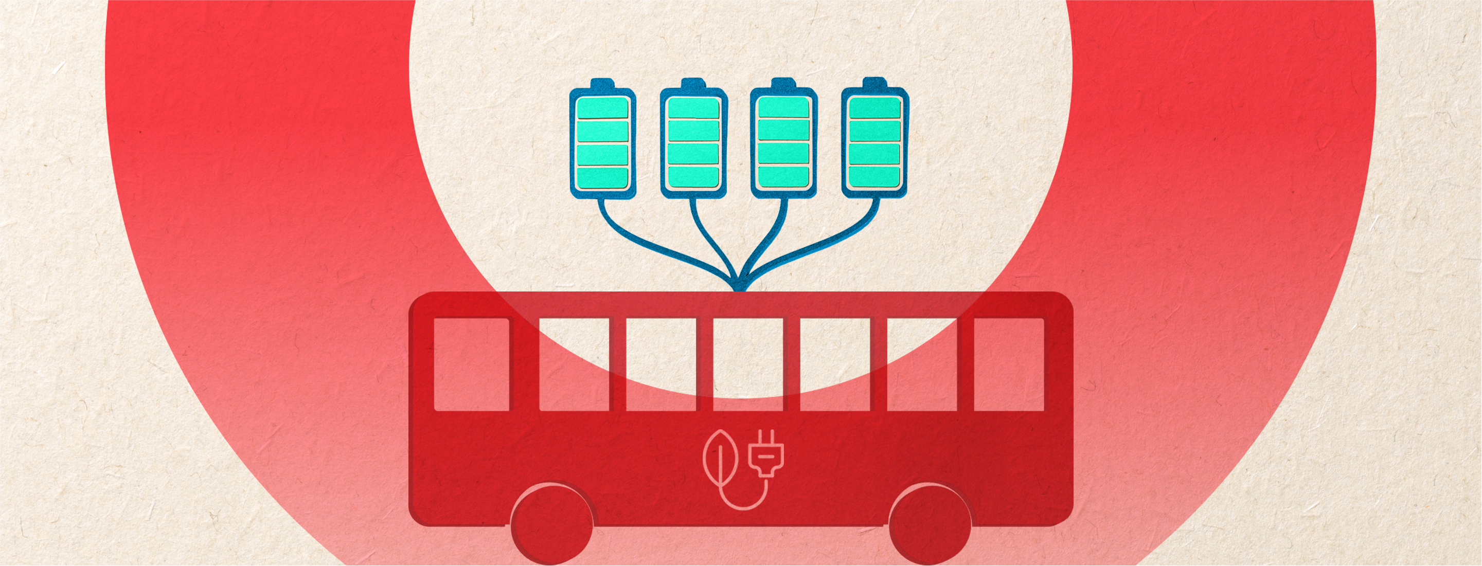 An abstract electric bus with charging cables and electric batteries attached to its roof.