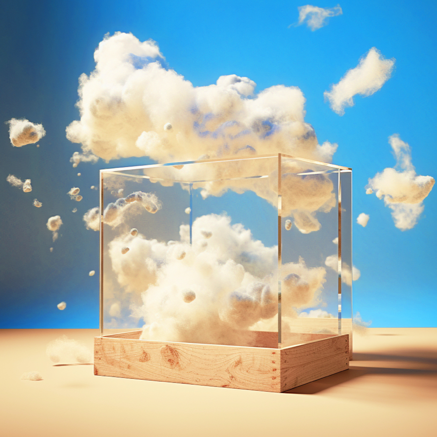 different pieces of clouds being collected within a clear cube container