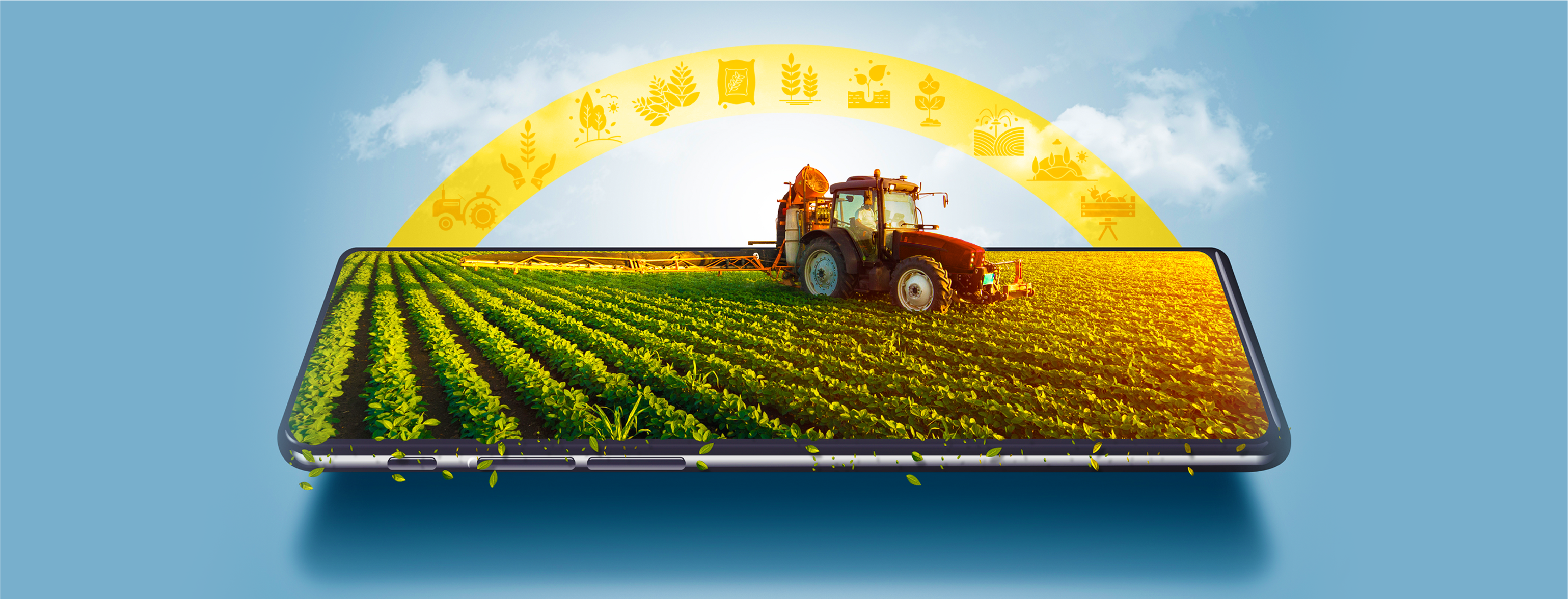 A crop field with a tractor sits on top of an oversized cell phone