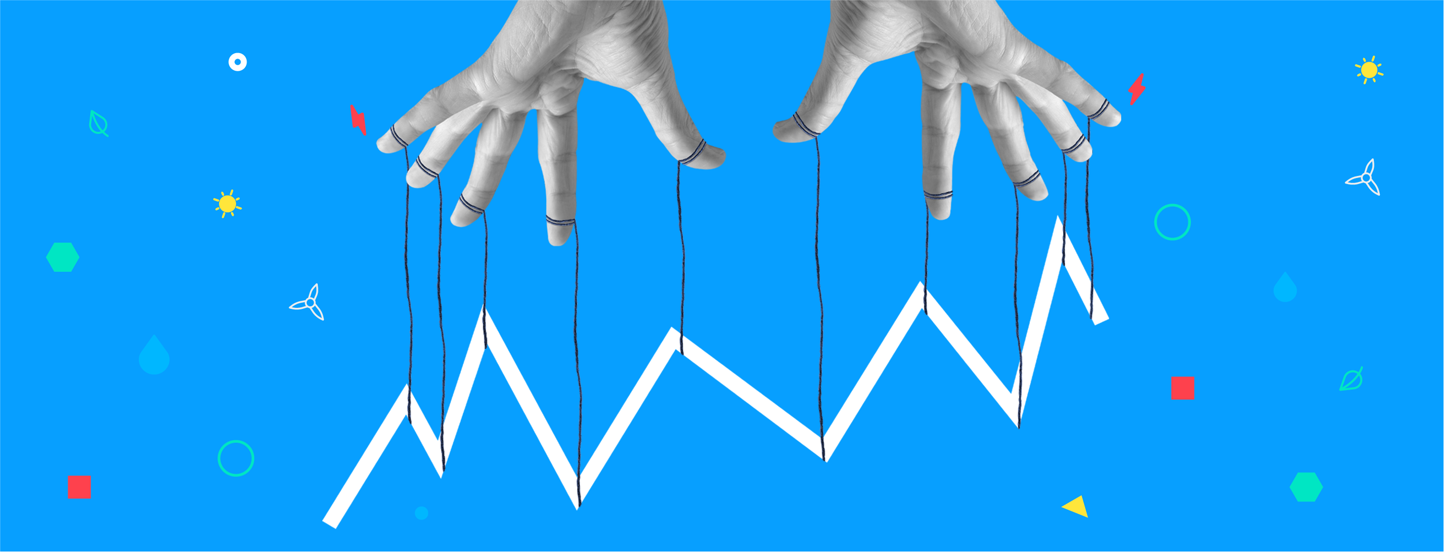 Two hands using puppet strings to manipulate a graph line