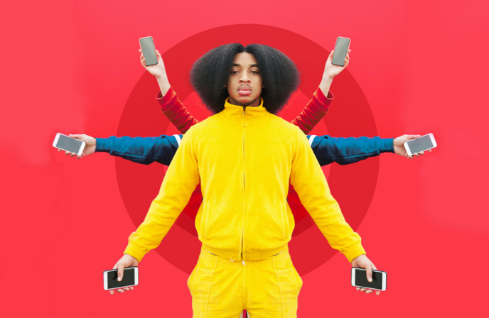 person holding shopping bags and using phone and different person looking up at dollar sign question marks