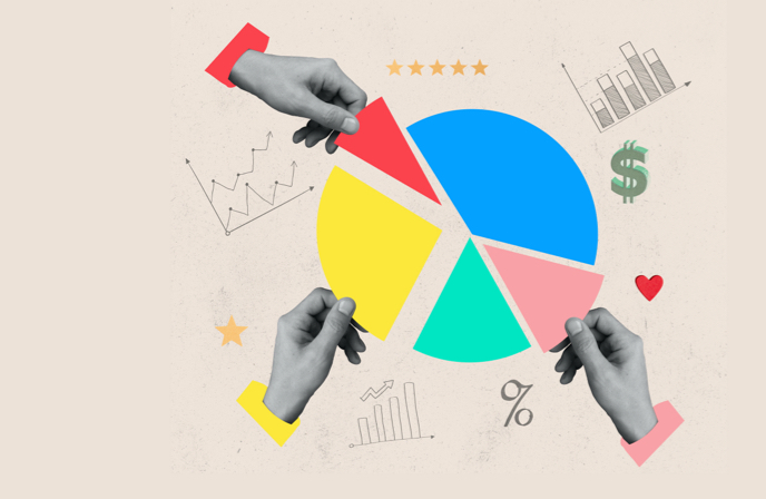 hands reaching for different colored and sized pieces of a pie chart surrounded by graphs, dollar signs and percentage signs
