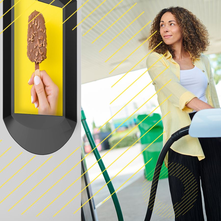 woman fueling car faces screen featuring ice cream bar