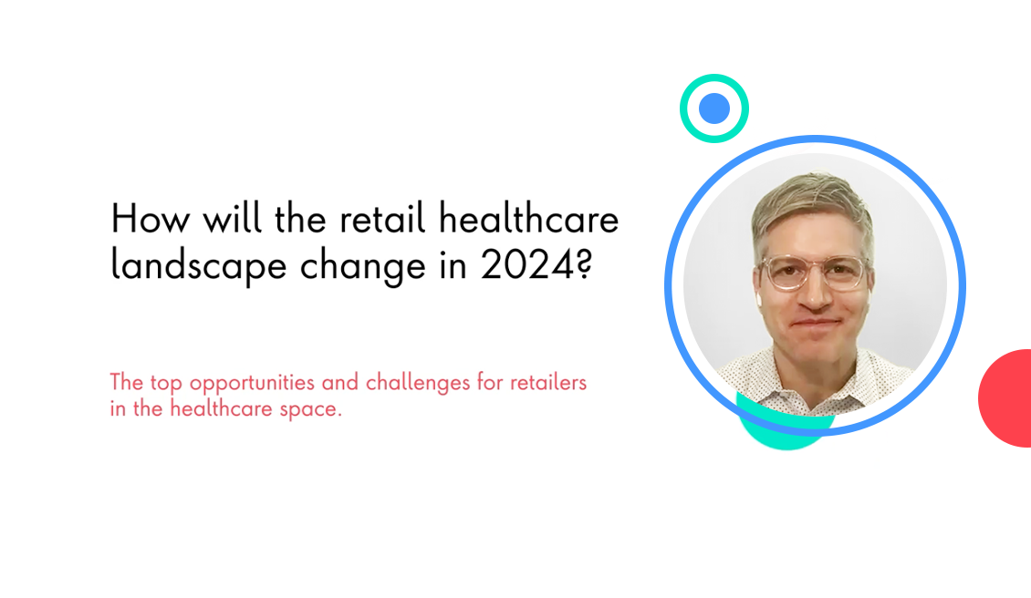 A video screen displays healthcare products and retail settings. Text overlays highlight key points throughout the video.