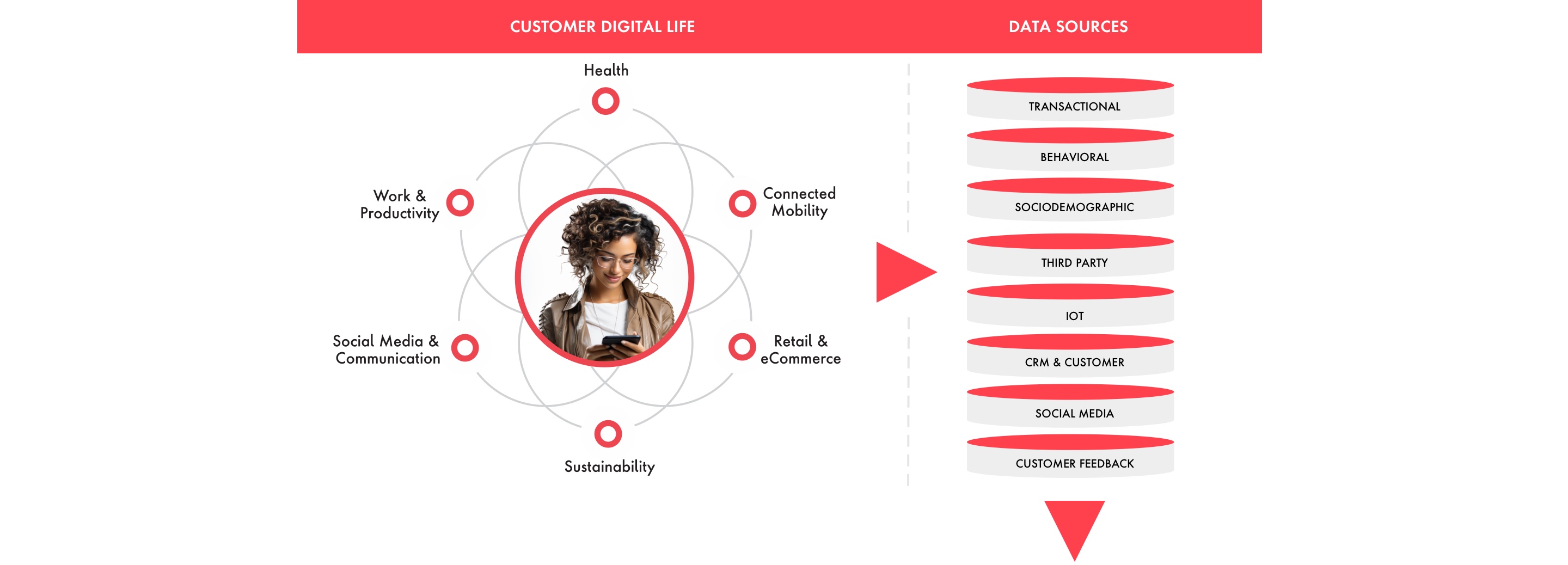 Graphic of a variety of data sources that contribute to making a digital customer twin. 
