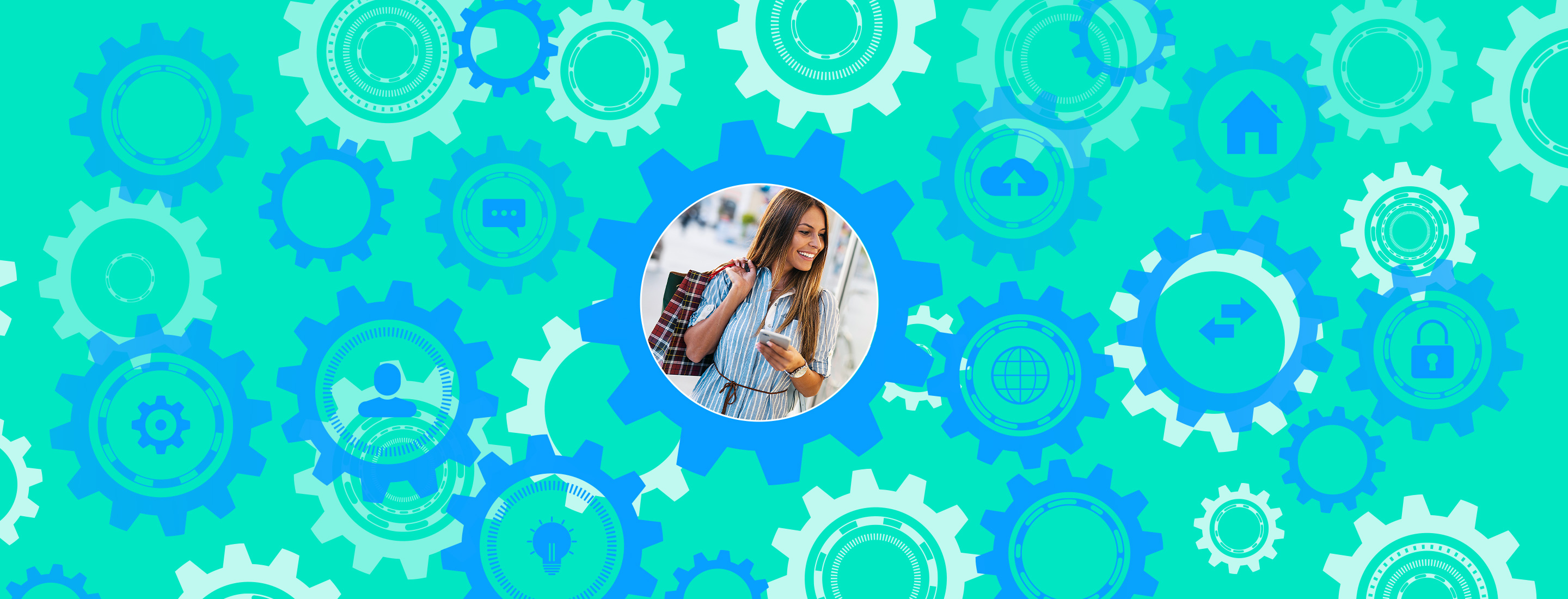 Gear illustrations and icons surround a happy shopper