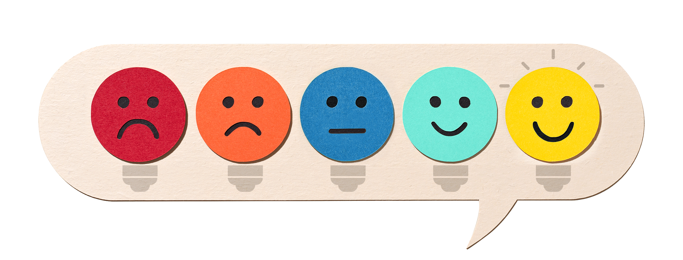 spectrum of unhappy-to-happy lightbulbs in chat bubble