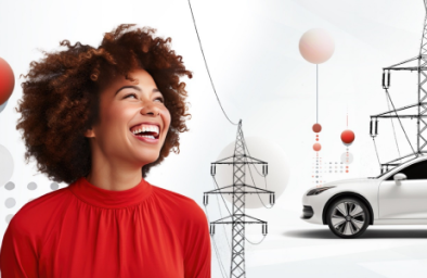composite woman smiling beside power lines and charging vehicle
