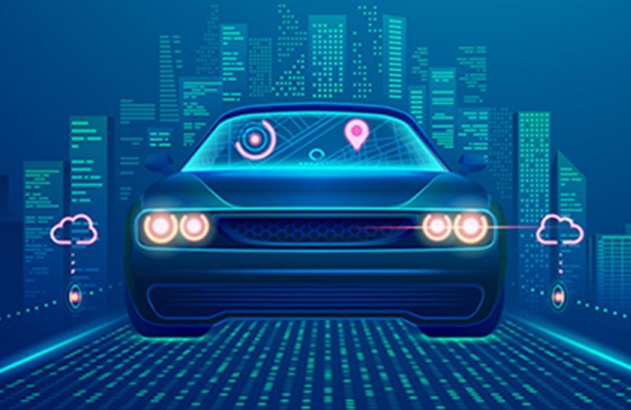 Animated image of car with headlights against a city skyline