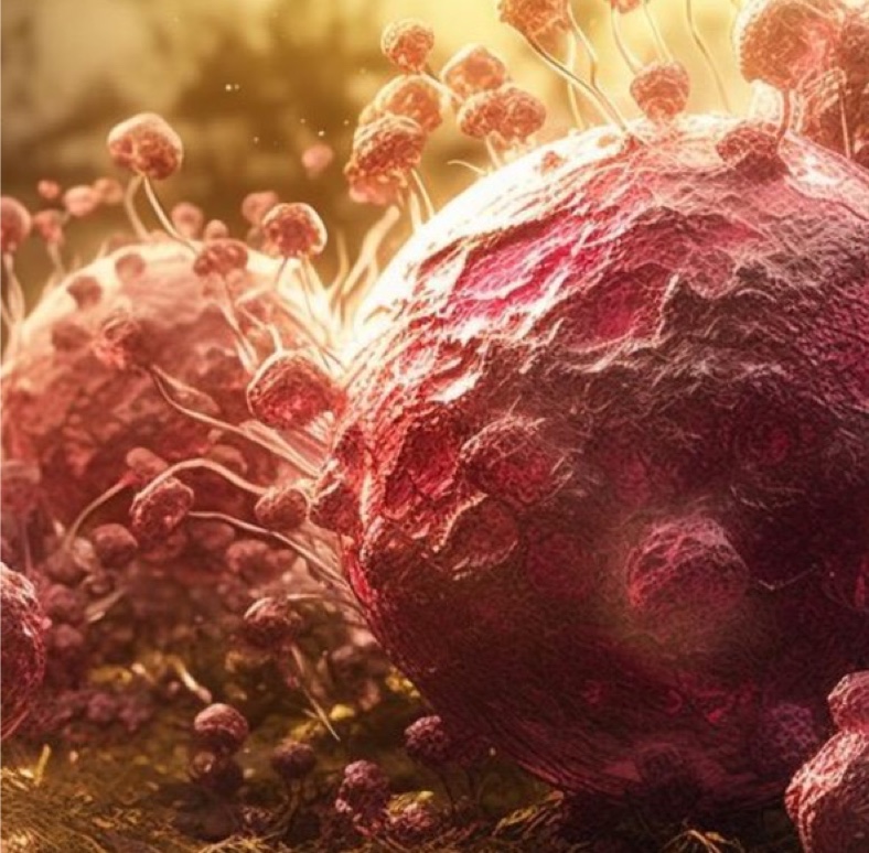 Breast cancer cells being attacked by natural killer cells