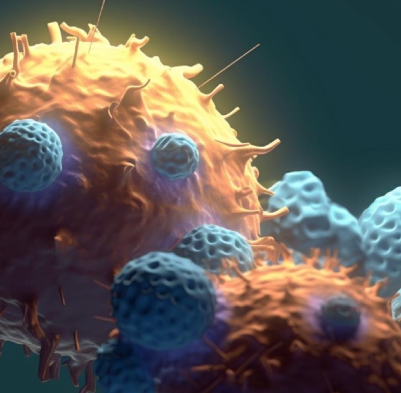 A cluster of yellow breast cancer cells being attacked by blue CAR T-cells
