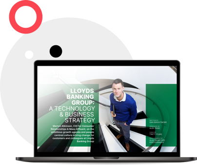 A laptop. On the screen is the cover of the article, Lloyds Banking Group: A Technology and Business Strategy
