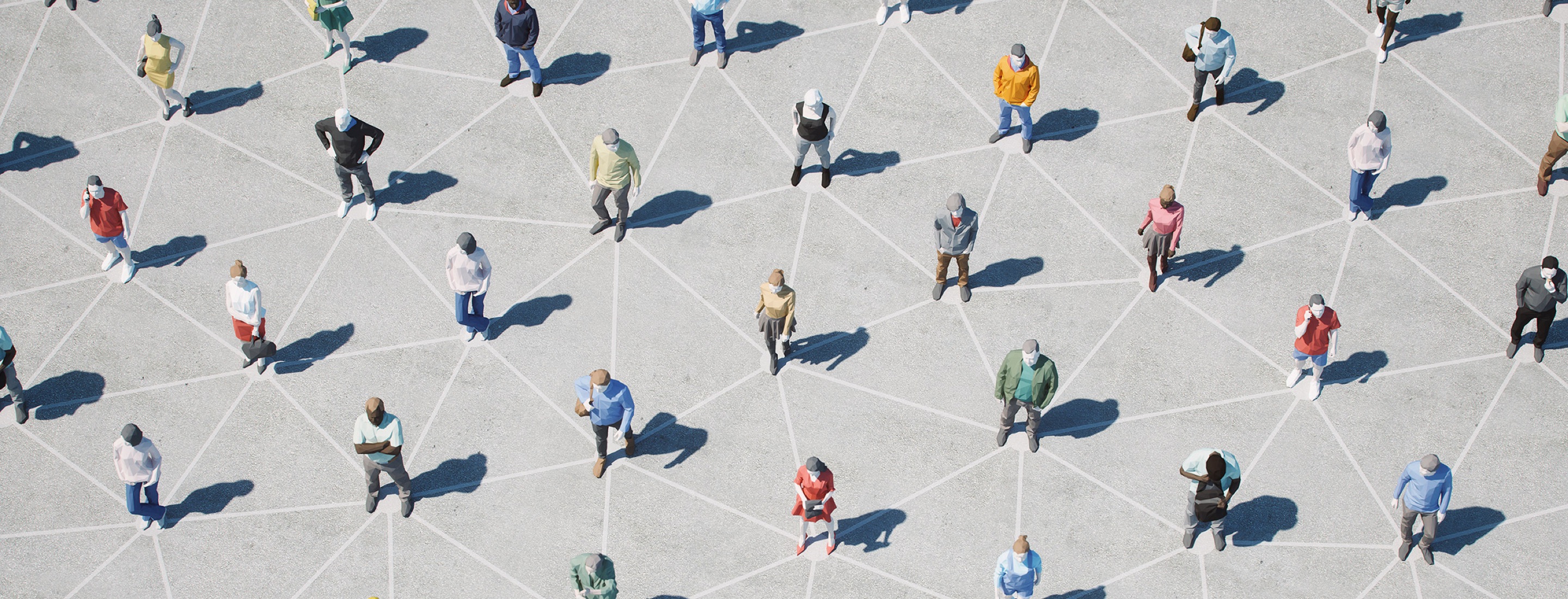 Aerial view of digitally rendered people socially distanced