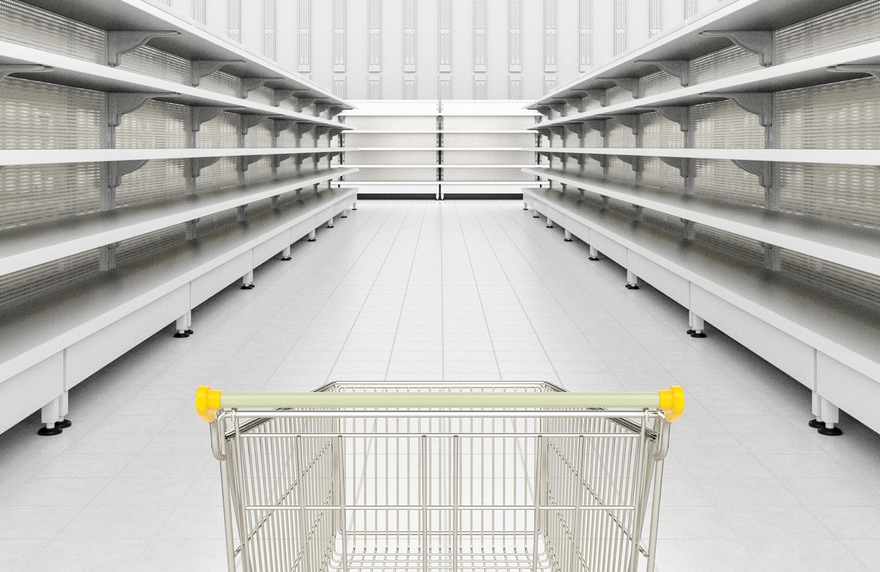 an empty shopping cart in an empty store
