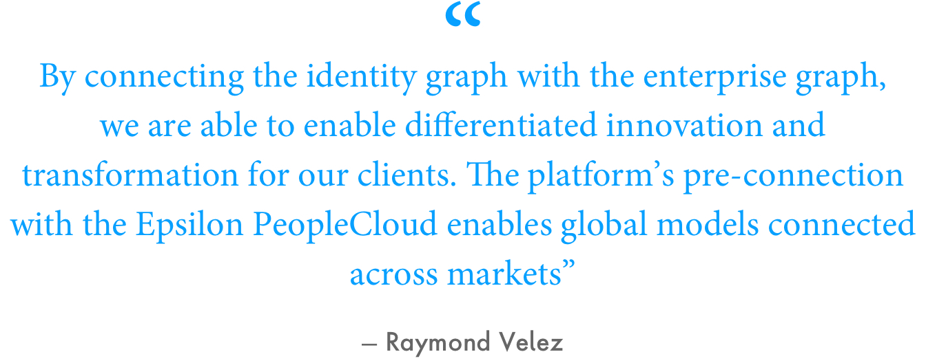 “By connecting the identity graph with the enterprise graph, we are able to enable differentiated innovation and transformation for our clients. The platform’s pre-connection with the Epsilon PeopleCloud enables global models connected across markets,” Velez said.
