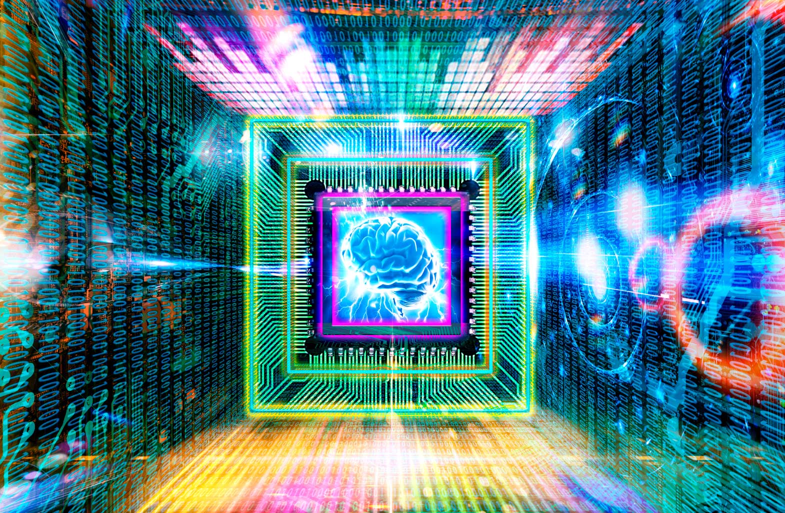 Illustrated computer chip with a brain